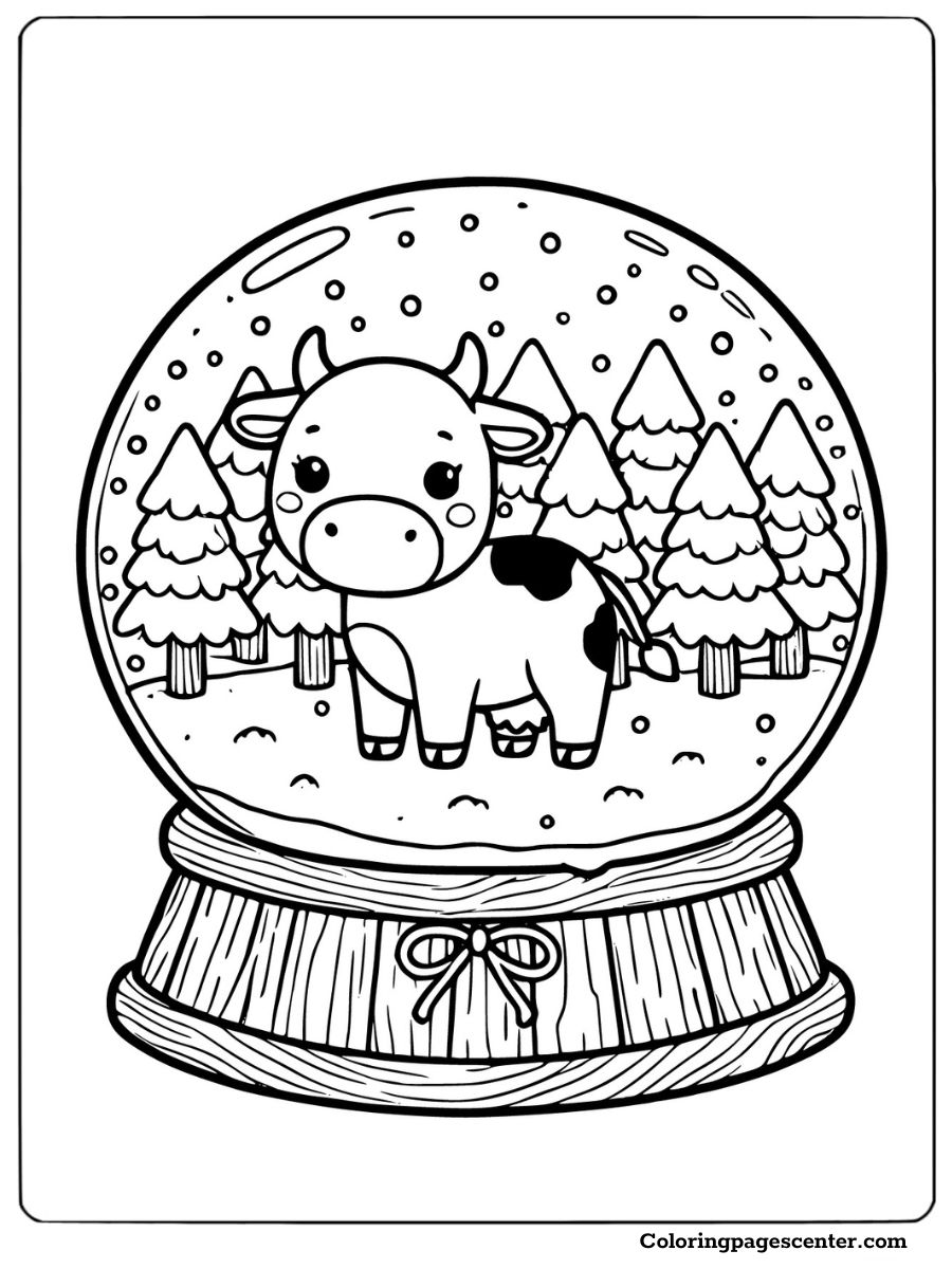 Cow in a magical snow globe coloring picture for kids