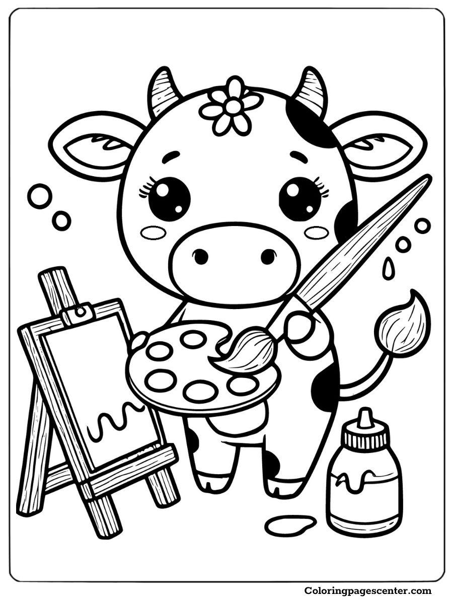 Adorable cow painting with palette and brush coloring page