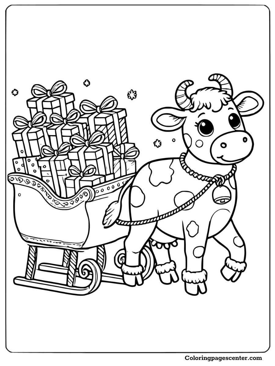 Cow pulling a sled loaded with presents coloring picture