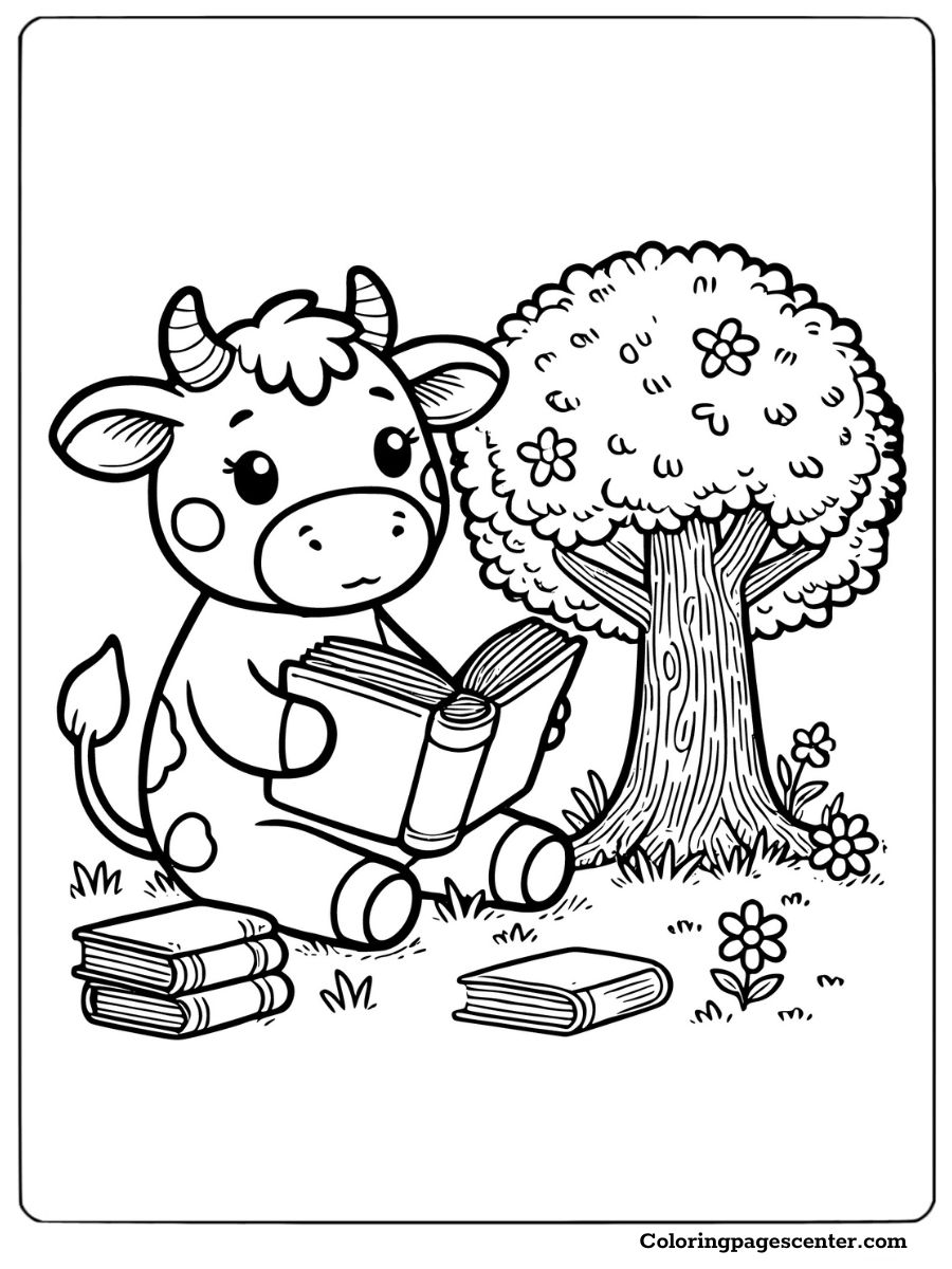 Cow reading peacefully under a large tree with books coloring sheet