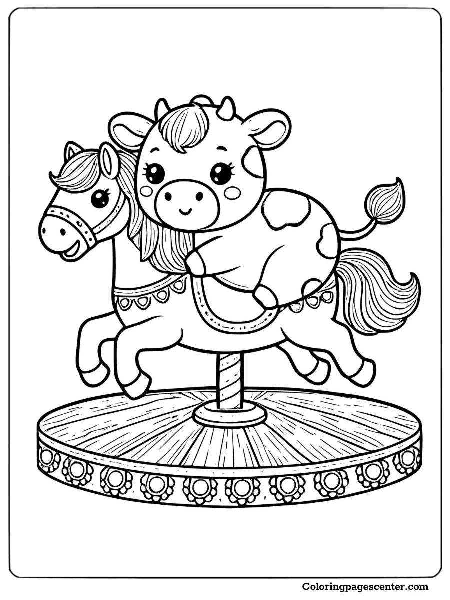 Cow riding a beautifully decorated carousel horse coloring picture