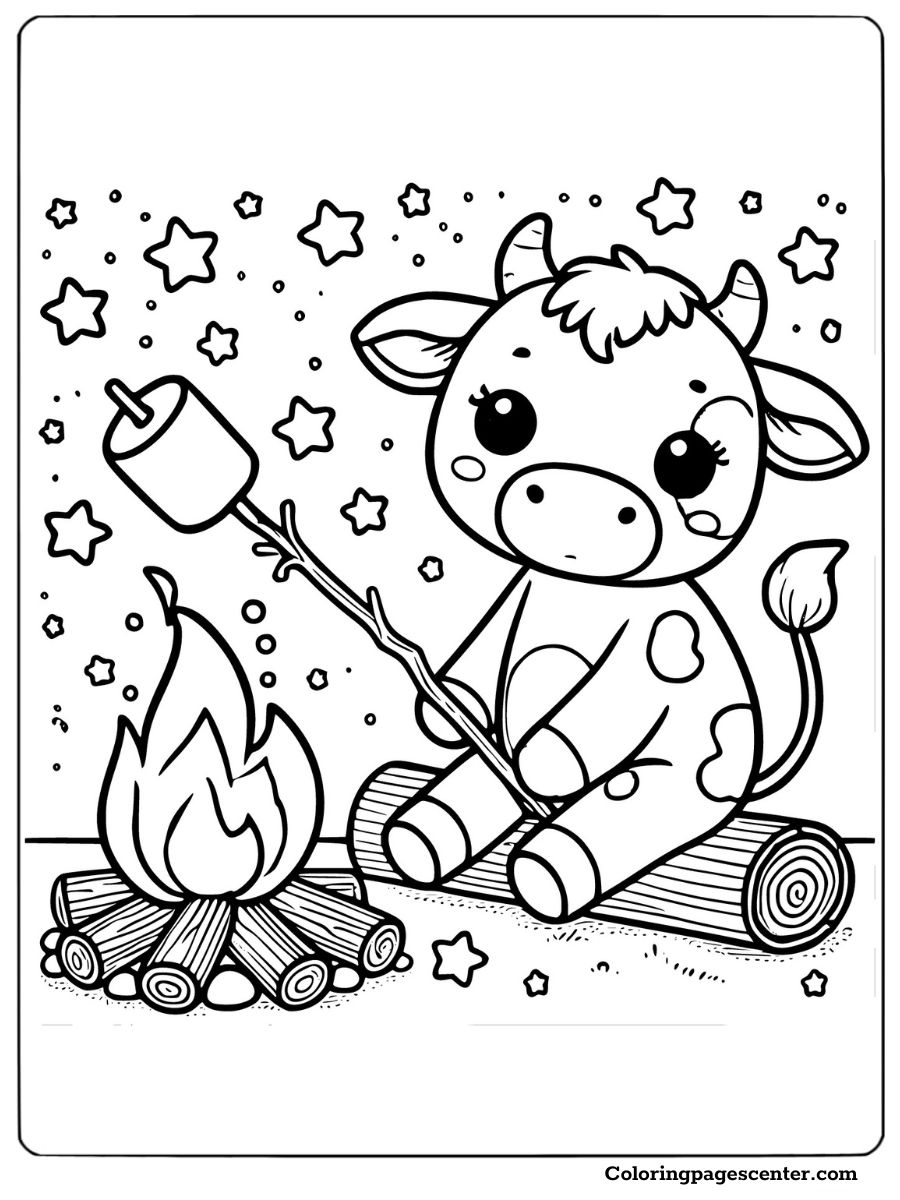 Cow enjoying marshmallows by a warm campfire coloring pictureCow roasting marshmallows by a campfire coloring page