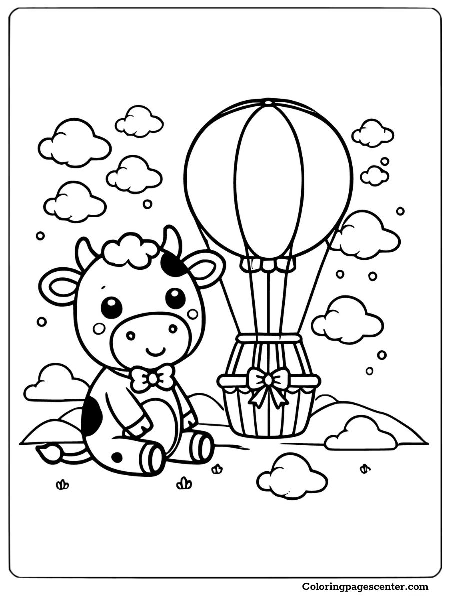 Cow relaxing with a hot air balloon in the background coloring sheet