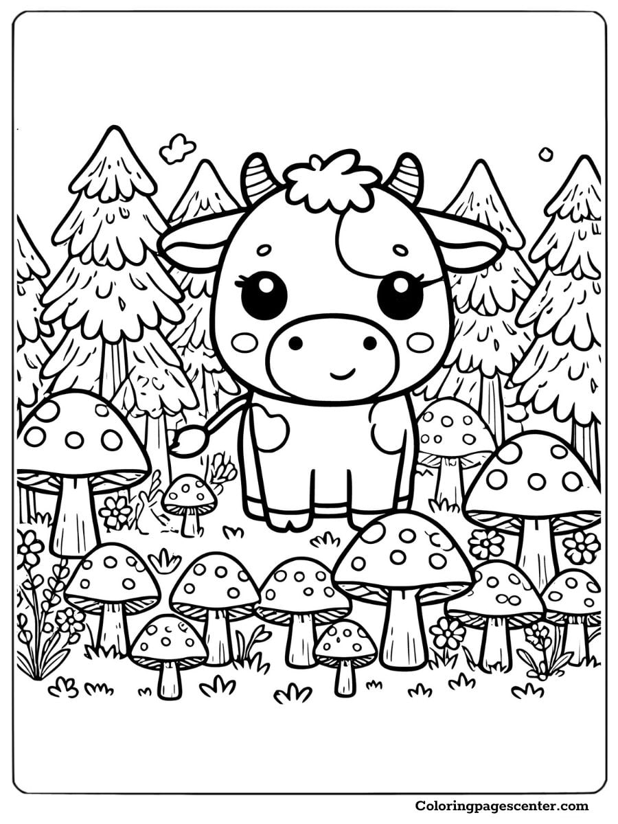 Cow exploring a forest filled with mushrooms coloring sheet