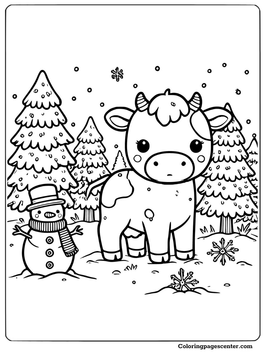 Winter cow and snowman in a snowy forest coloring page