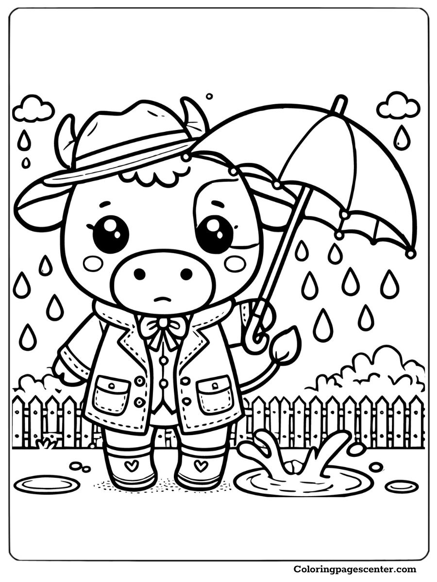 Cow wearing a raincoat and holding an umbrella coloring sheet