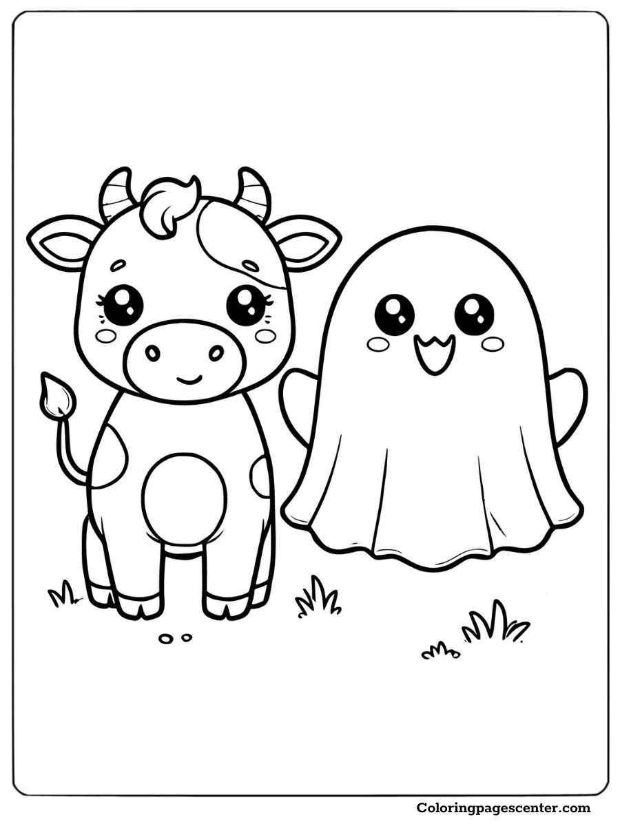 A cow standing next to a ghost coloring page