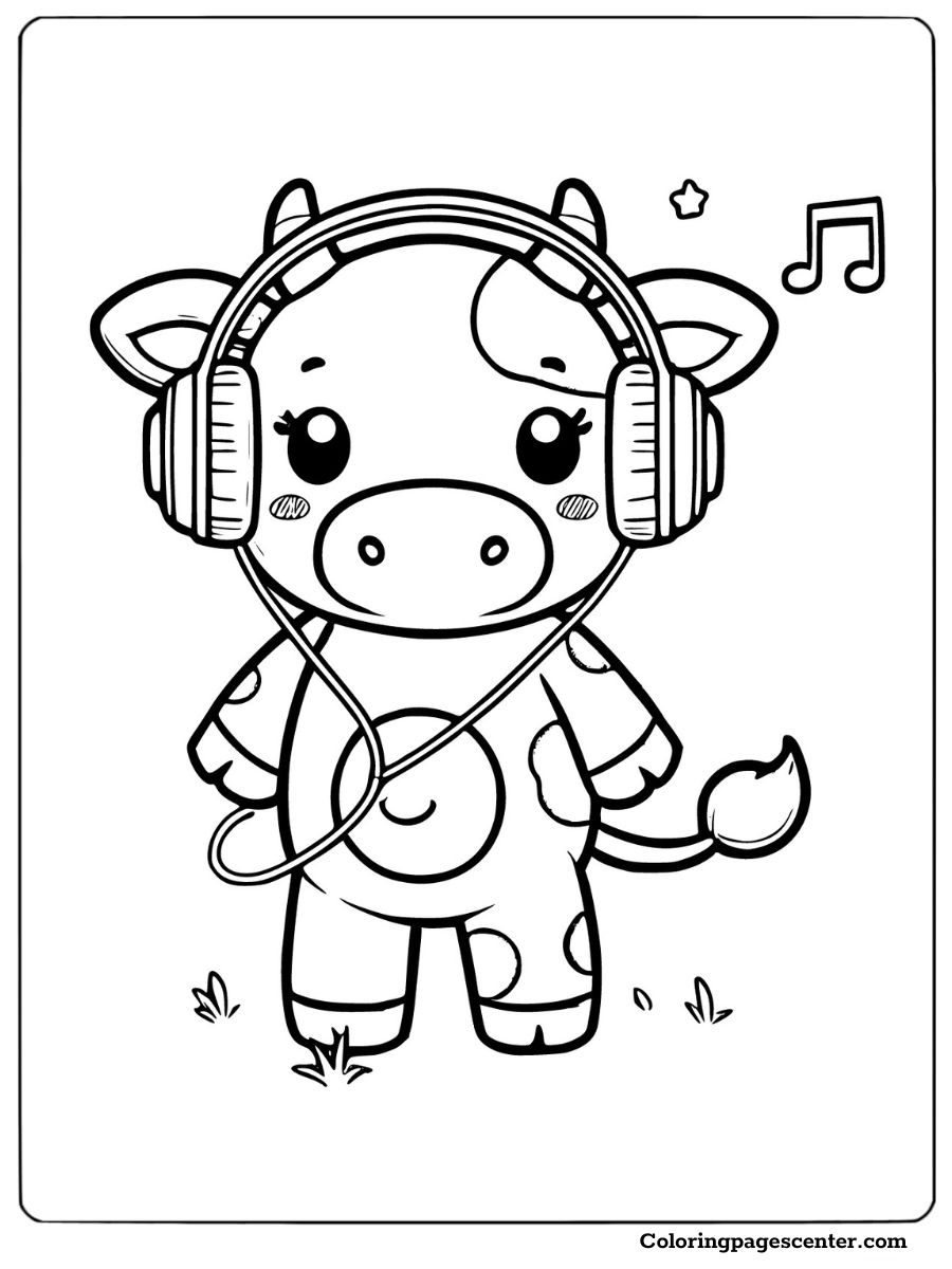 Cow with big headphones enjoying a music break coloring sheet