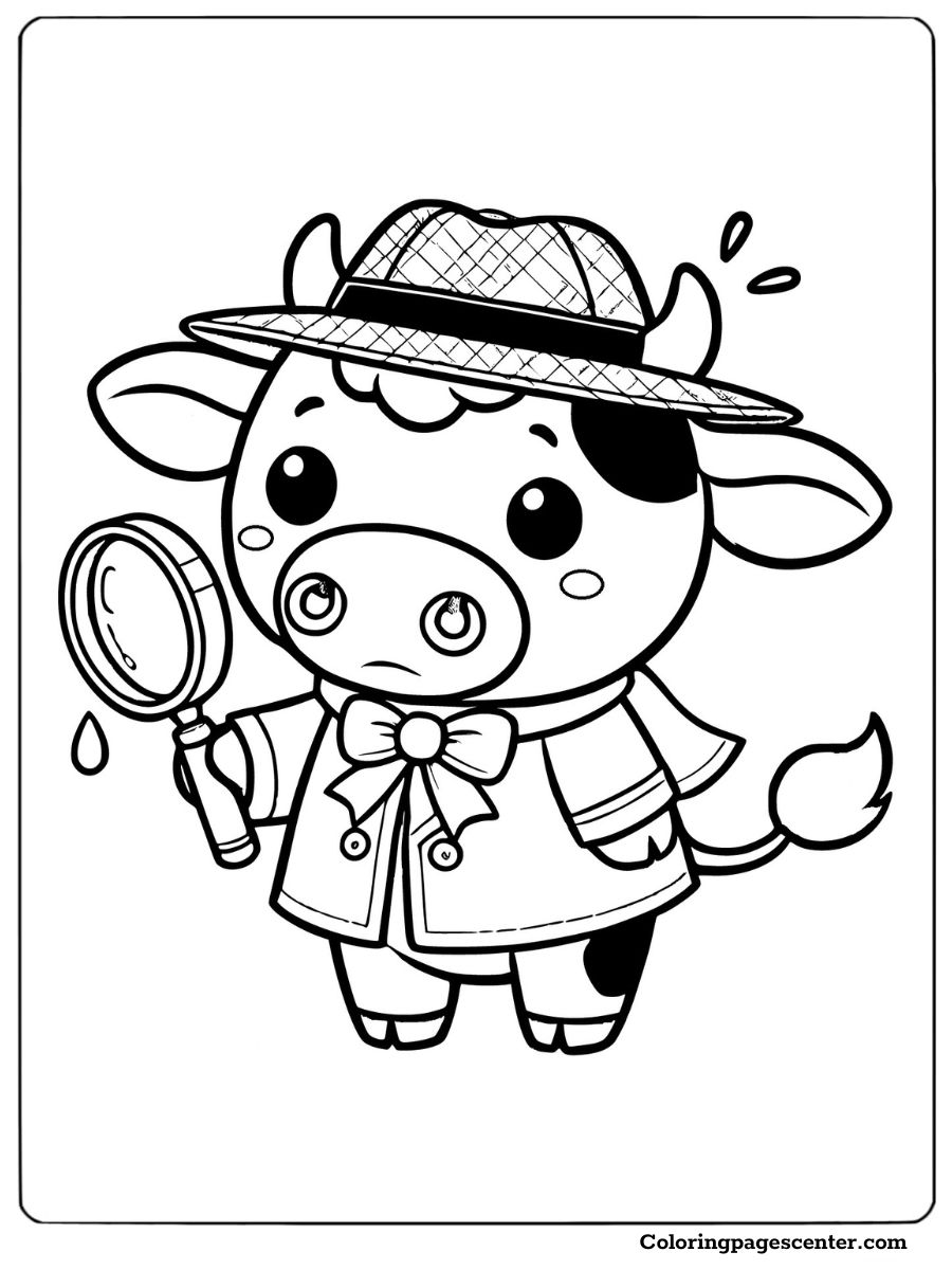 A detective cow holding a magnifying glass coloring page