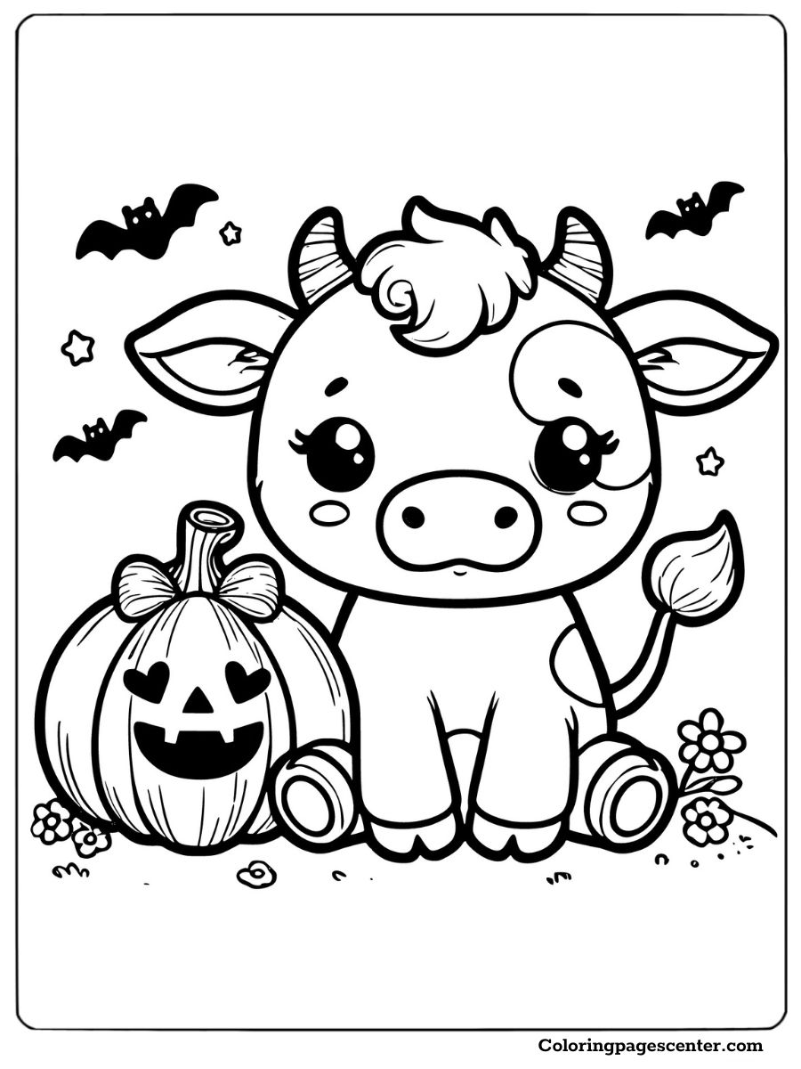 Halloween-themed cow with a smiling pumpkin coloring sheet