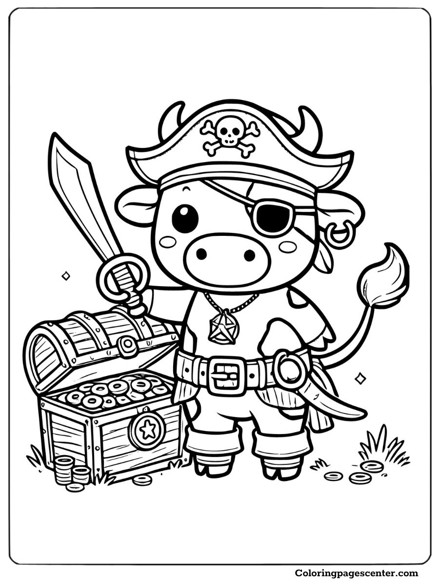 A pirate cow with a sword and treasure chest coloring picture