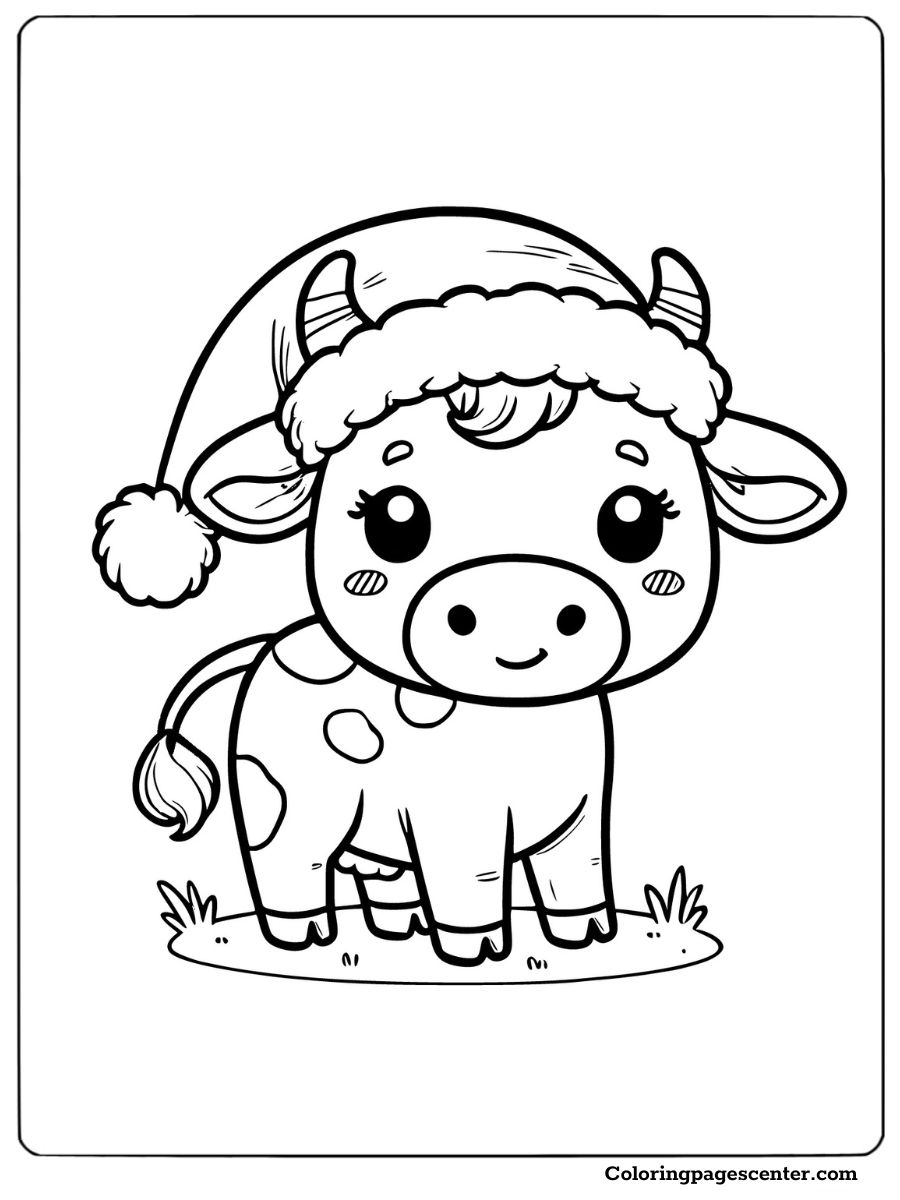 Festive cow wearing a Santa hat in a cheerful scene coloring page