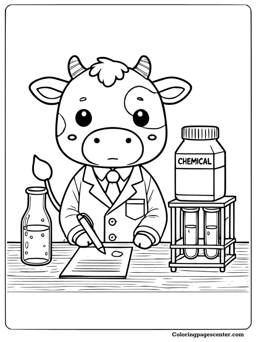 A cow scientist working in a lab coloring page