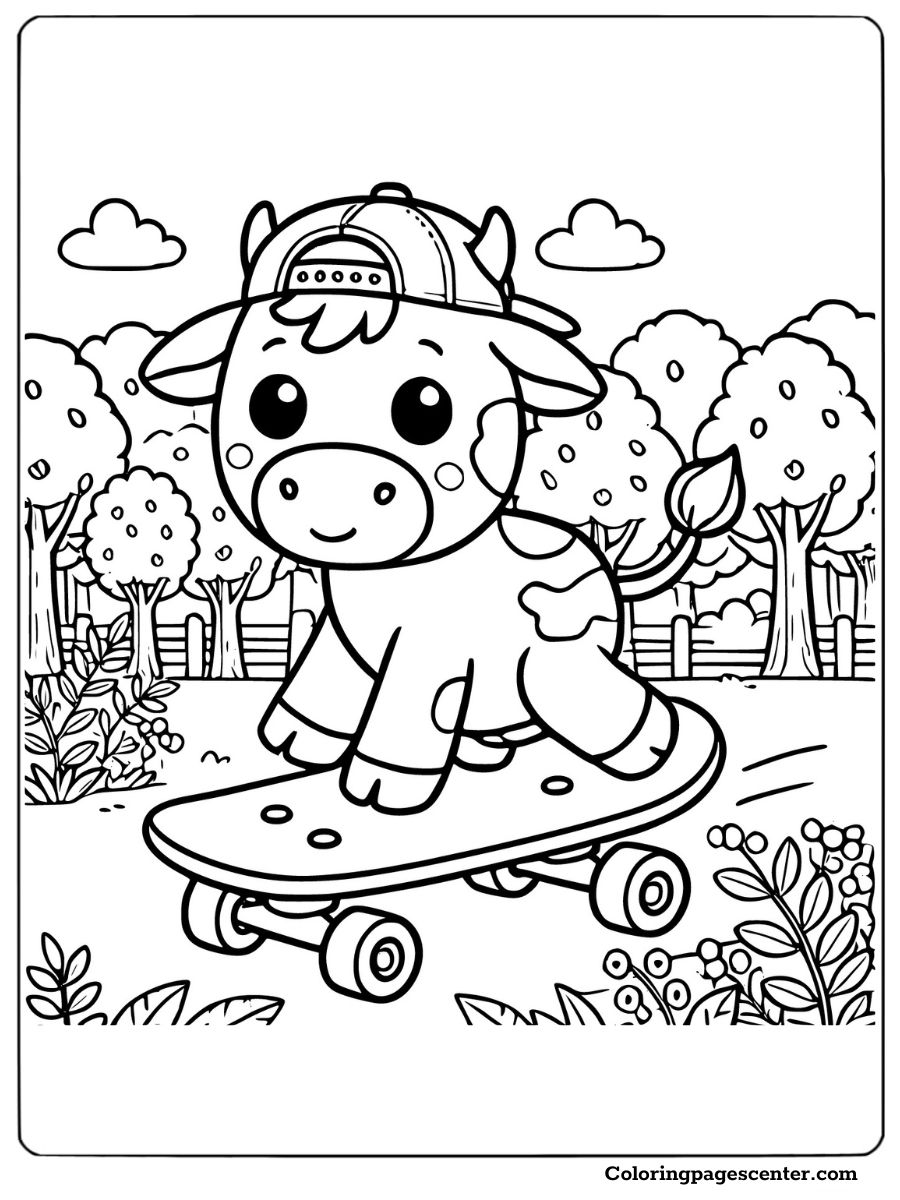 A cow skateboarding in the park coloring page