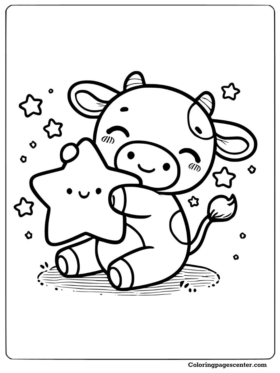 Cheerful cow holding a star with glittering effects coloring sheet