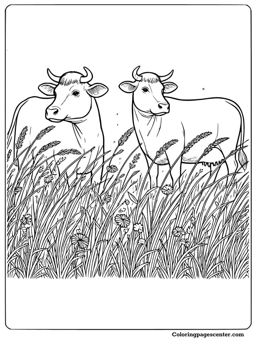 Two cows grazing in tall grass and a peaceful meadow coloring sheet