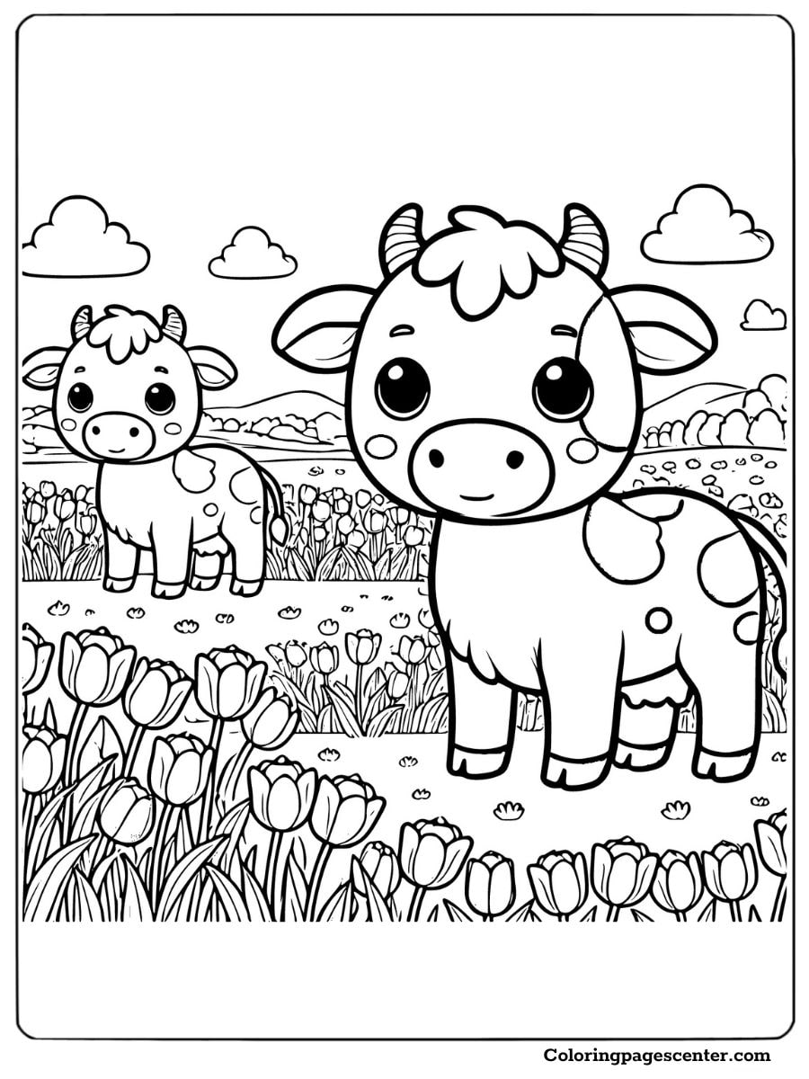 Cows grazing in a tulip garden coloring page