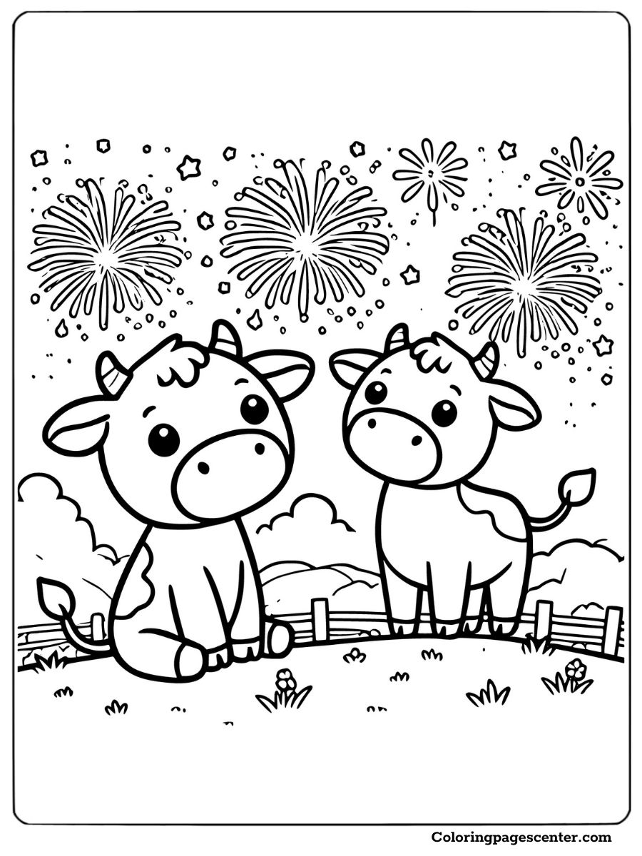 Two cows enjoying fireworks under a starry night coloring picture