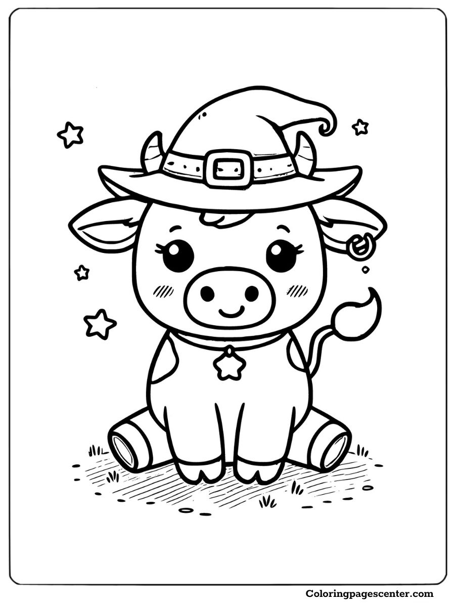 Cow dressed as a witch with a pointed hat coloring page