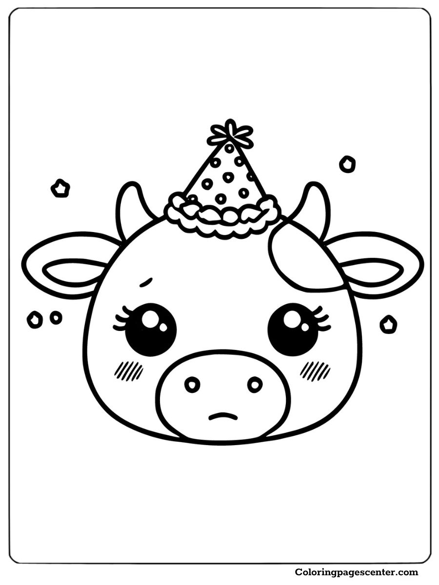 Cow head with party hat for coloring fun