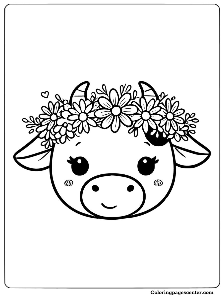 Cow face adorned with flower crown coloring page