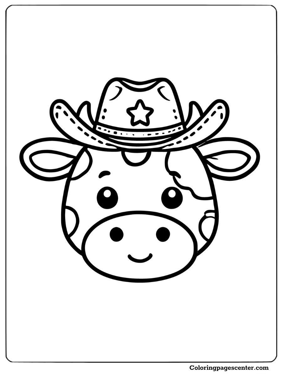 Cute cow head in cowboy hat coloring page