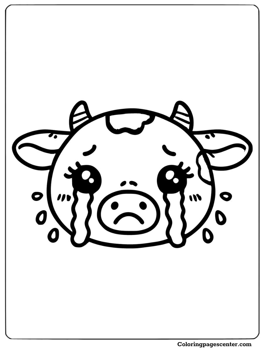 Sad cow face crying coloring activity page