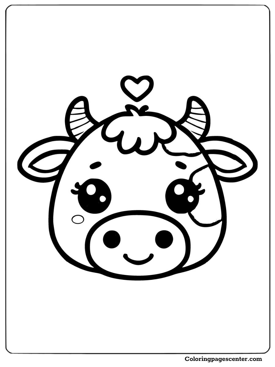 Adorable cow head with a heart coloring page