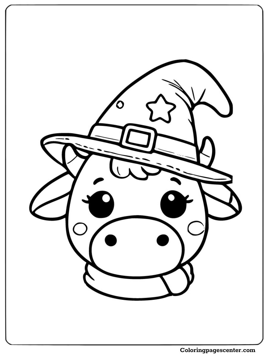 Cow face in witch hat for coloring activity