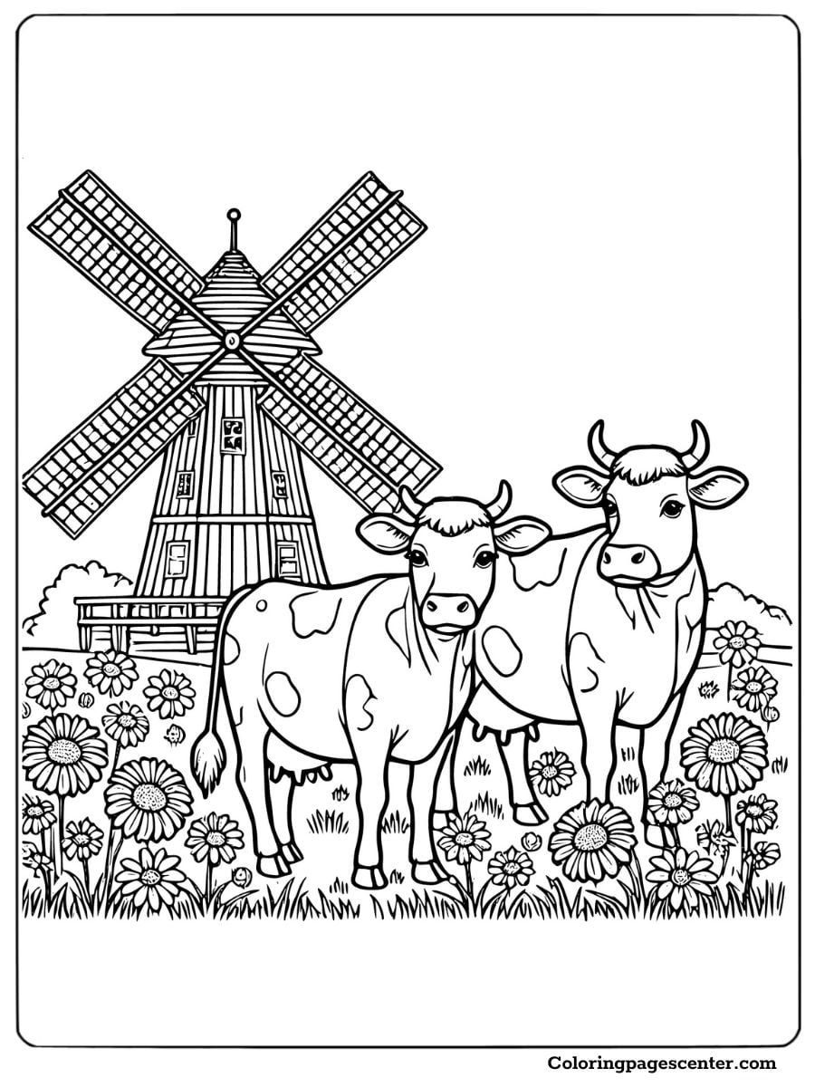 Two cows standing in front of a windmill coloring page