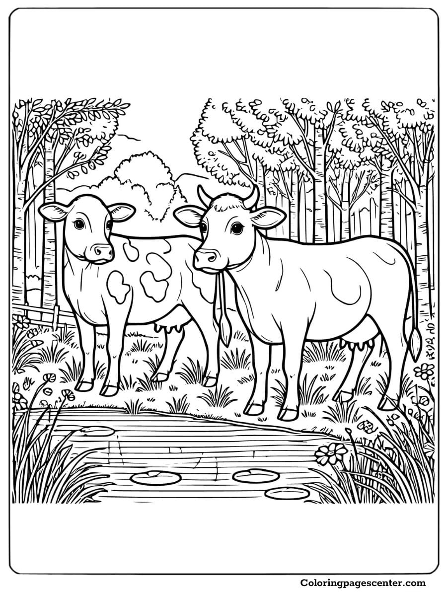 A serene pond and two cows in nature coloring page