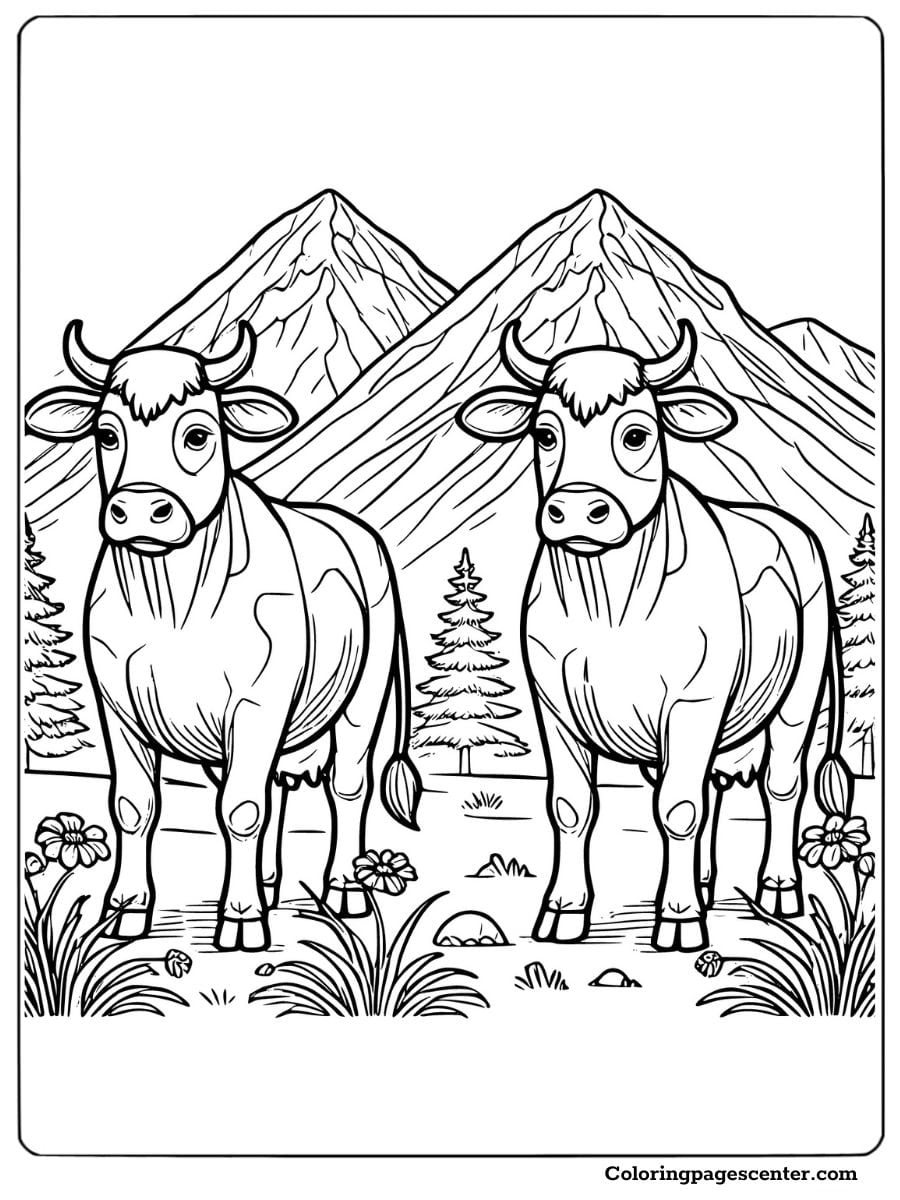 Mountain scenery with two cows coloring page