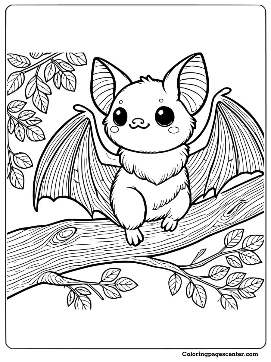 Cute bat sitting on a branch surrounded by leaves coloring page