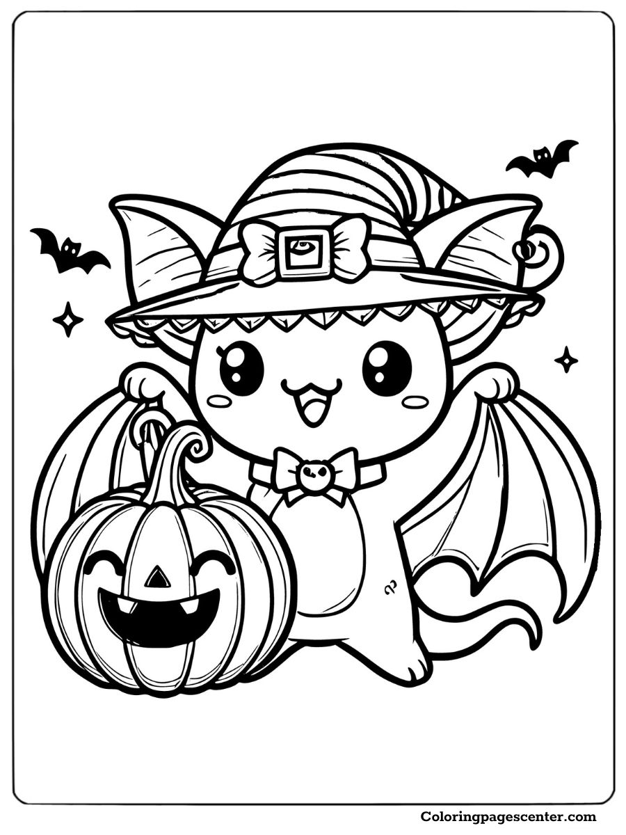 Cute bat in Halloween costume with pumpkin coloring page