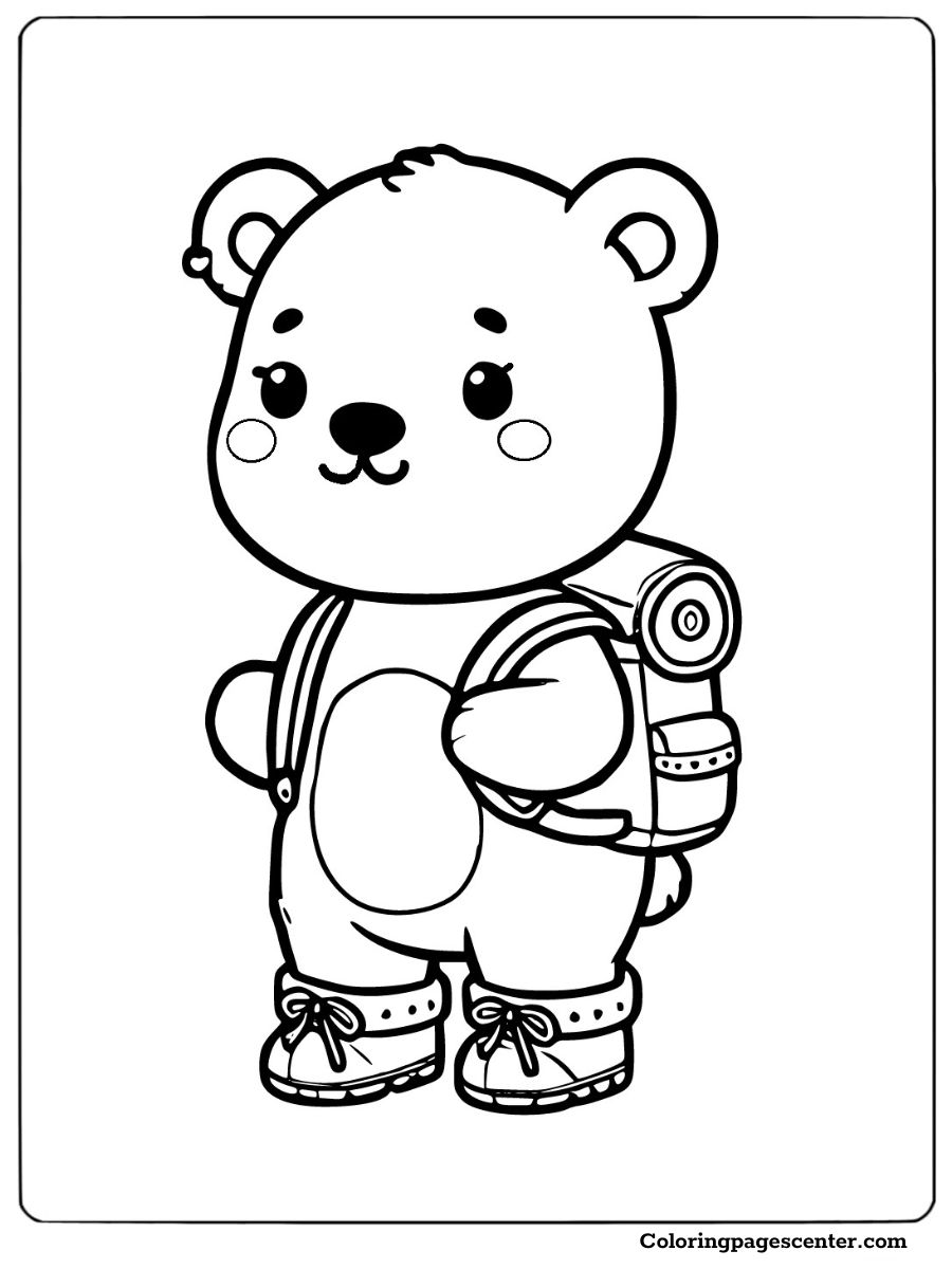 Cute bear coloring page with backpack ready for a fun trip