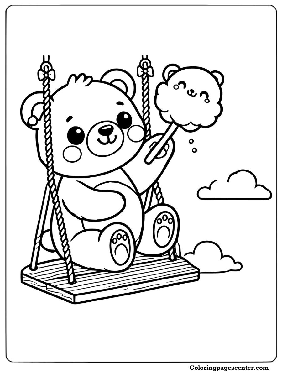 Cute bear coloring page swinging on a swing holding cotton candy