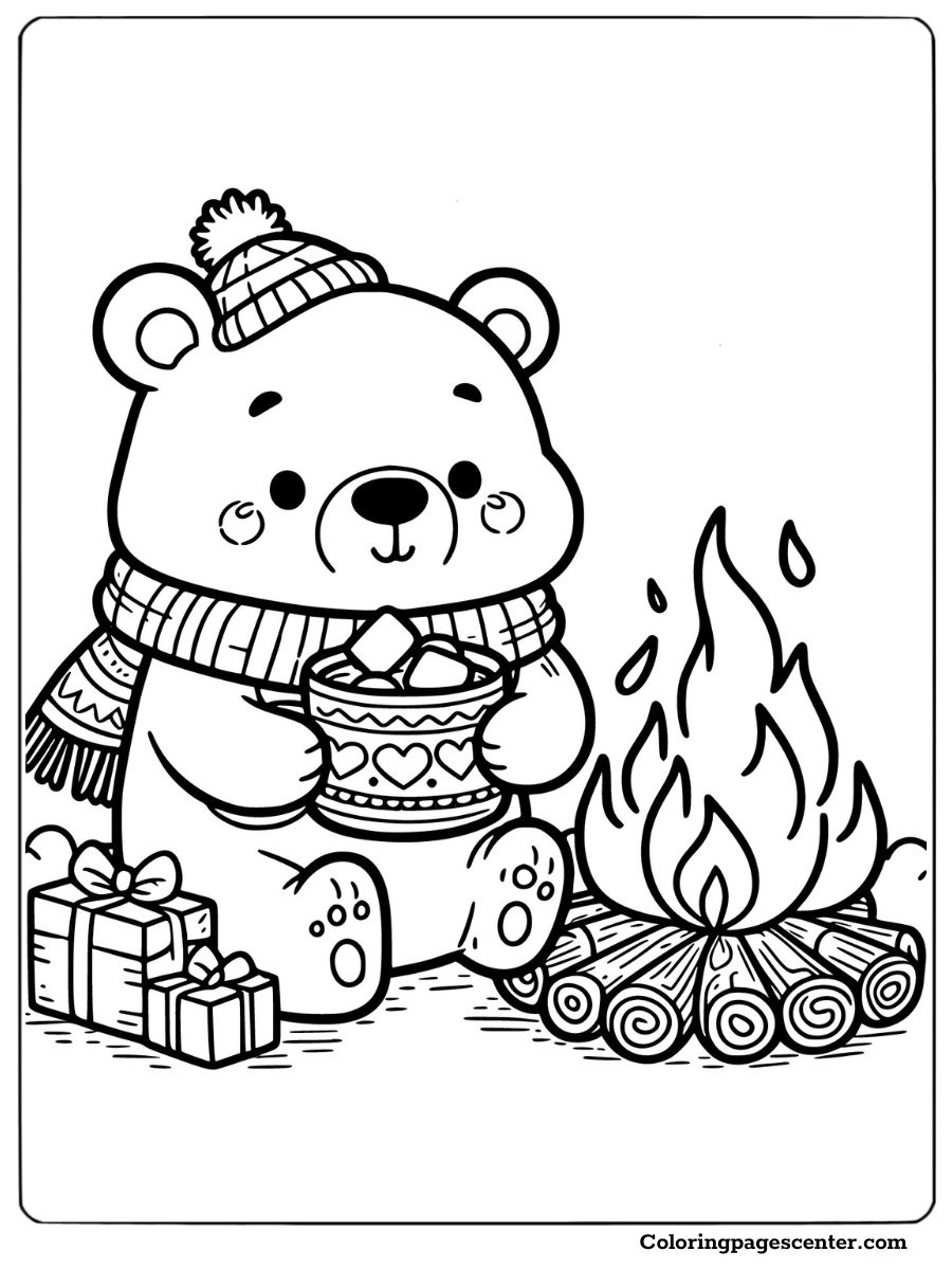 Cute bear coloring page sitting by the campfire drinking hot cocoa