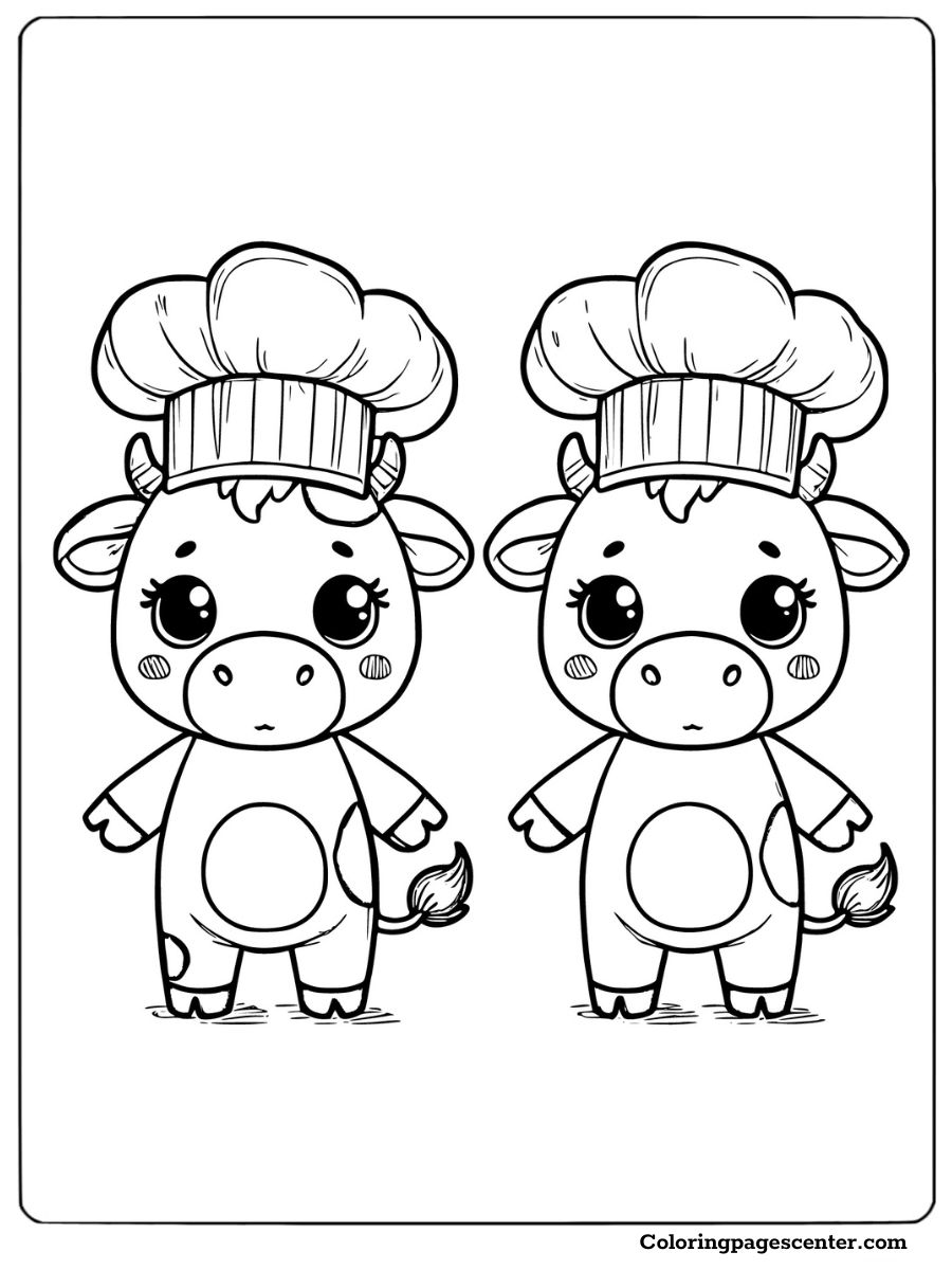 Cows wearing chef hats ready to cook cute cows coloring page