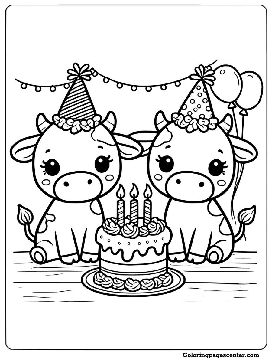 Birthday party with balloons and cute cows coloring page