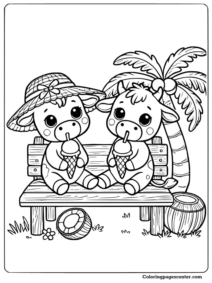 Ice cream time for two cows on a summer day cute cows coloring page