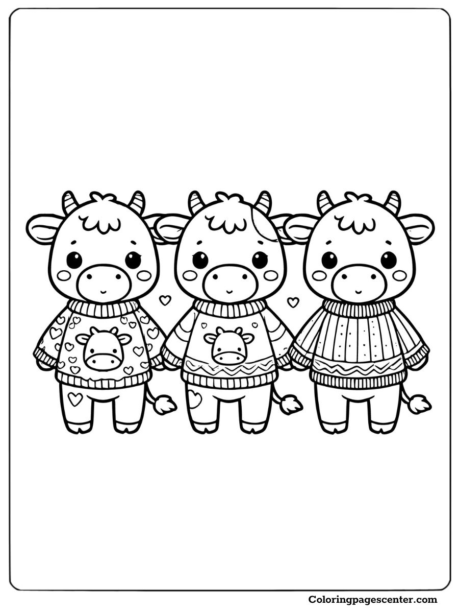 Three adorable cows in warm sweaters cute cows coloring page