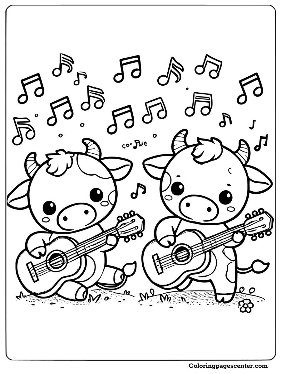 Two cows playing guitars surrounded by music notes cute cows coloring page