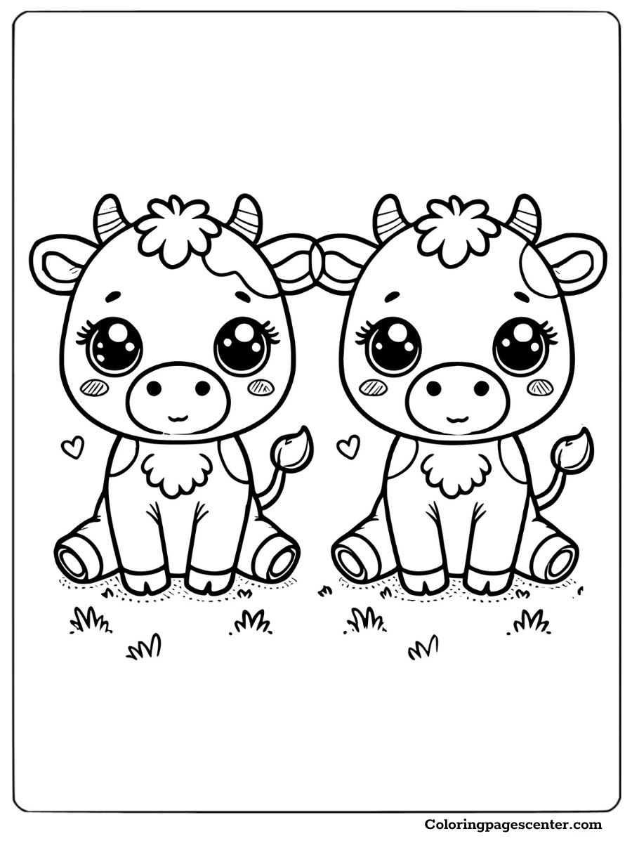 Twin cows sitting on grass cute cows coloring page