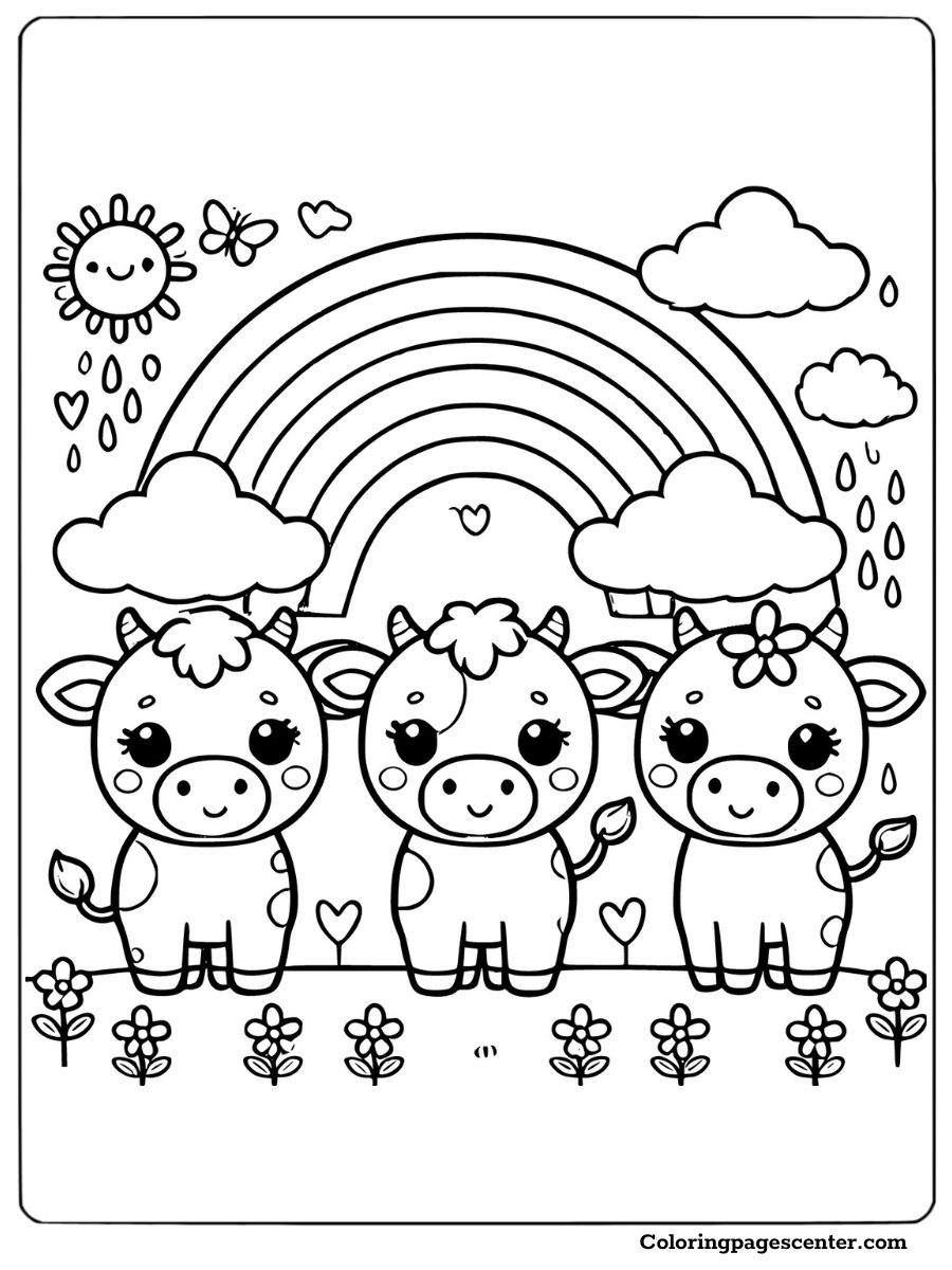 Happy cows under rainbow with flowers and clouds coloring page