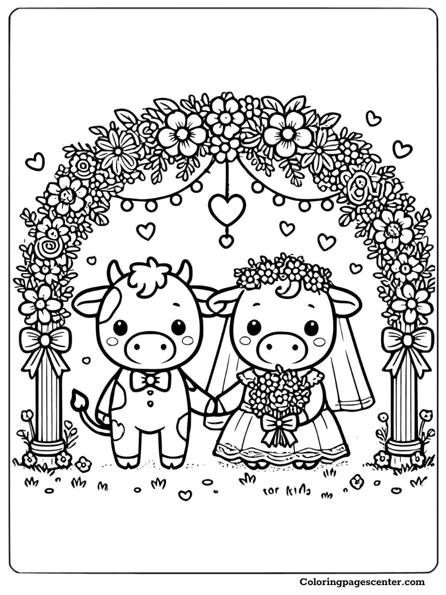 Wedding-themed scene with cute cows under flowers coloring page