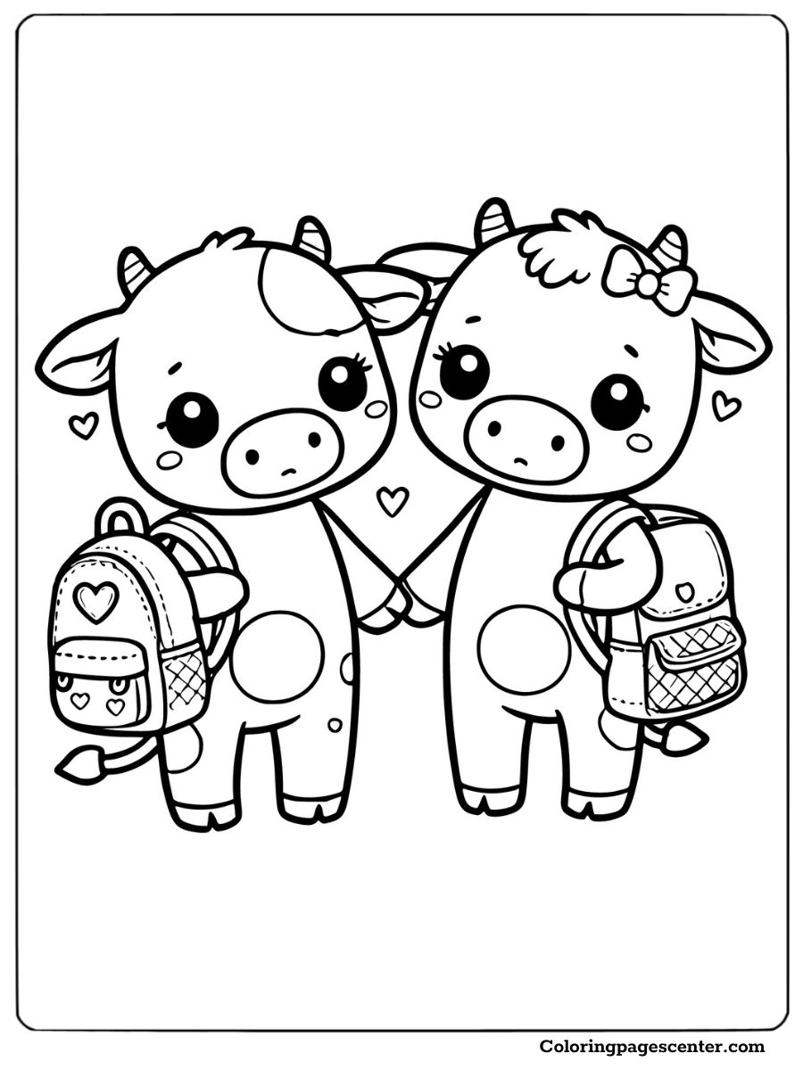 School-ready cows holding backpacks cute cows coloring page