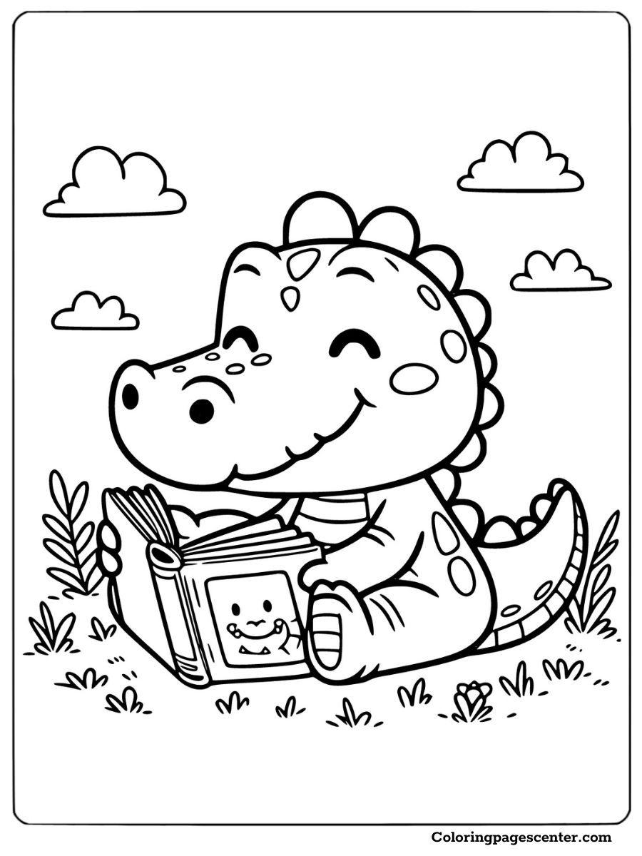 Cute crocodile reading a book surrounded by grass and clouds coloring page