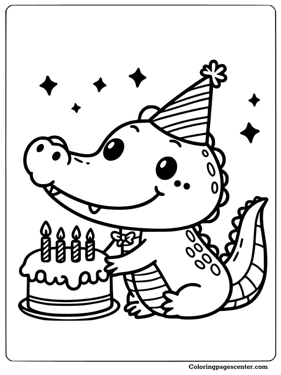 Crocodile with a birthday hat and cake cute crocodile coloring page