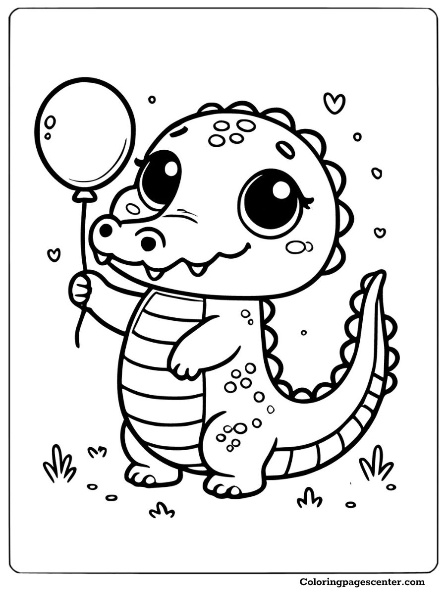 Happy crocodile holding a balloon in a playful scene cute crocodile coloring page