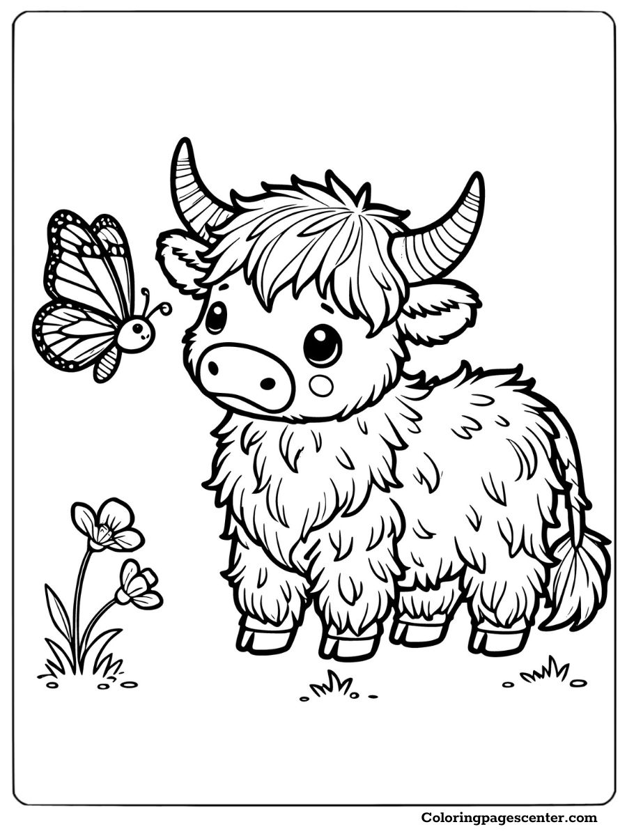 Cute highland cow meeting a butterfly coloring page for kids